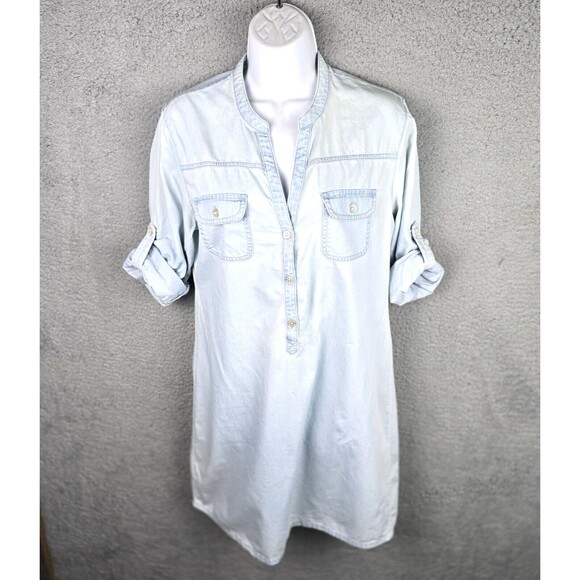 Tommy Bahama Dresses & Skirts - Tommy Bahama Chambray Dress Womens S Blue Henley V-Neck Pockets Roll Tab Sleeves